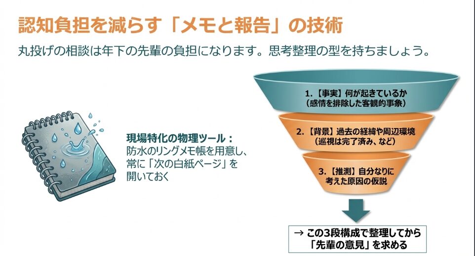 認知負担を減らすメモと報告の技術。防水のリングメモ帳を活用し事実・背景・推測で整理