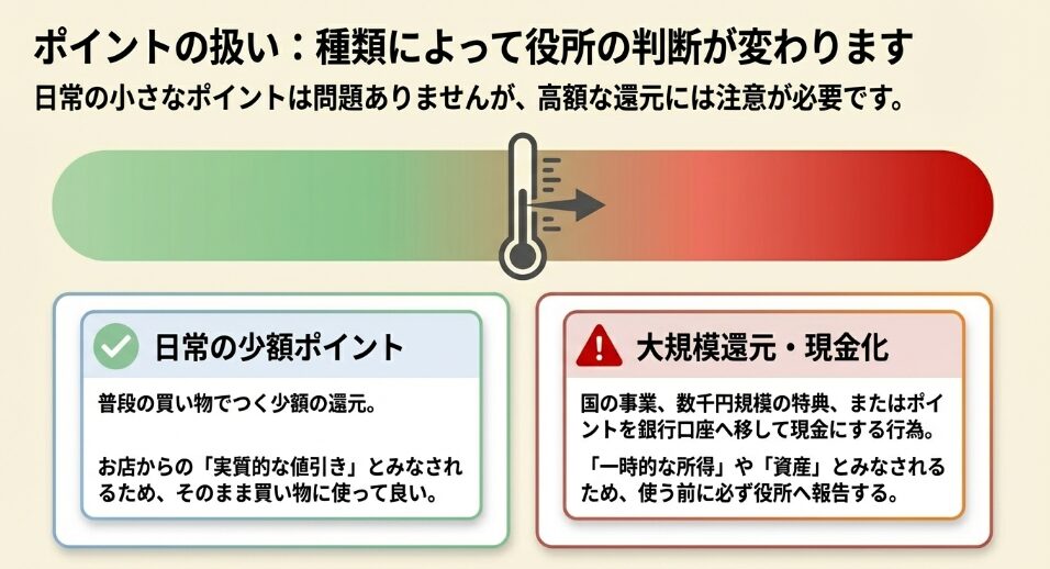 日常の少額ポイントは実質的値引きとして問題ないが、大規模還元や現金化は一時的な所得として役所への報告が必要になることを説明したスライド 