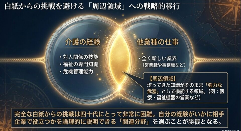 介護の経験と他業種の仕事が重なる周辺領域（医療・福祉機器の営業など）を図解したベン図