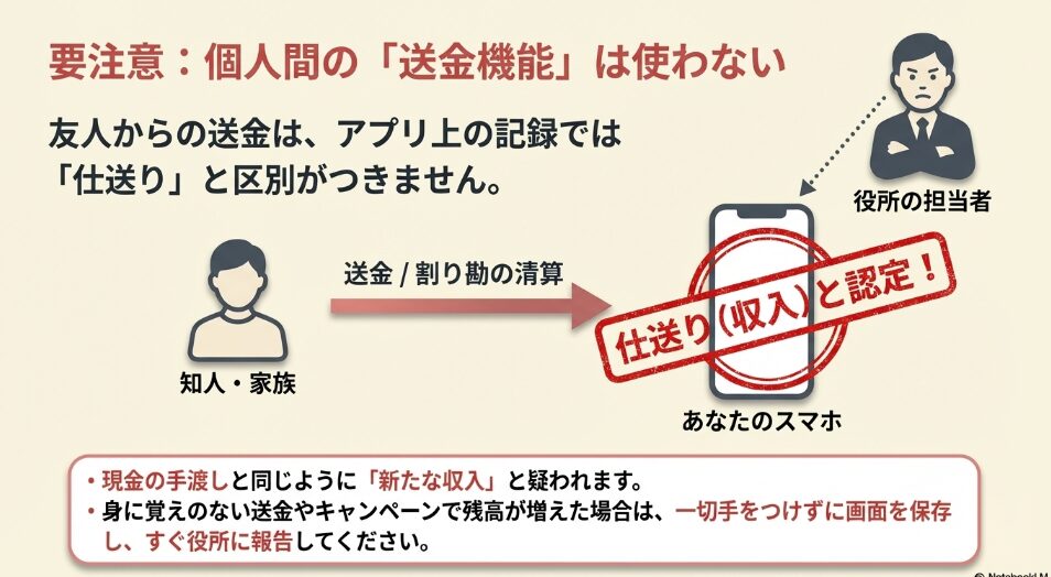 友人からの送金や割り勘の清算が、役所の担当者からは仕送りと区別がつかず、新たな収入として認定されてしまうリスクを解説するスライド