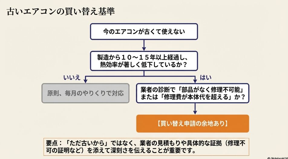 製造から10〜15年以上経過し、業者の診断で部品がなく修理不可能等の場合に買い替え申請の余地があることを示すフローチャート