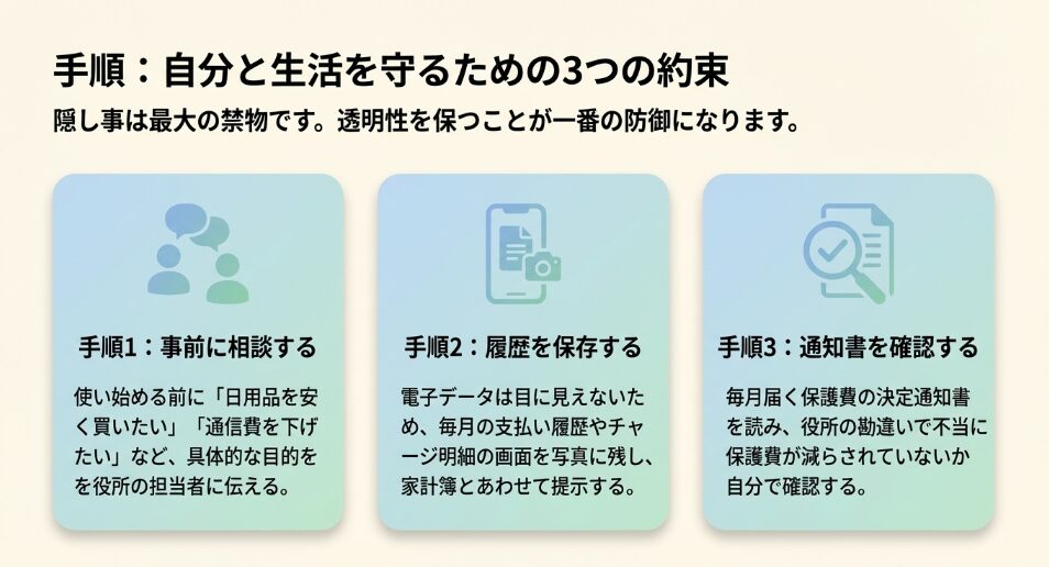 トラブルを防ぐための手順として、事前に相談する、履歴を保存する、決定通知書を確認するという3つの防衛策をまとめたスライド 