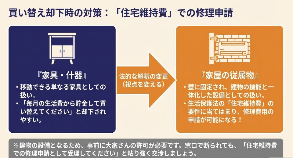 エアコンを単なる家具什器ではなく、壁に固定された家屋の従属物と捉えることで、住宅維持費での修理申請が可能になる法的解釈の変更