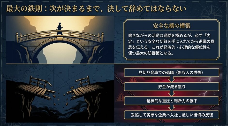 次の仕事が決まる前に退職する「見切り発車」による無収入の恐怖や判断力低下のループを図解したイメージ