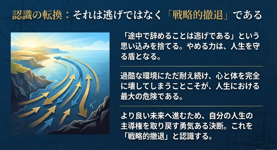 過酷な環境から人生の主導権を取り戻すための「戦略的撤退」を表現した海と矢印のイメージ