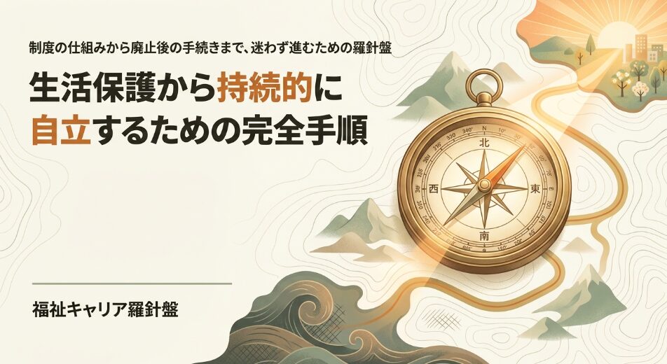 生活保護から持続的に自立するための完全手順を解説した「福祉キャリア羅針盤」のタイトルスライド画像