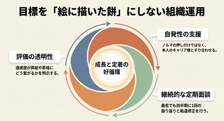 評価の透明性、自発性の支援、継続的な定期面談の3つの柱で、目標を形骸化させない組織運用の好循環。