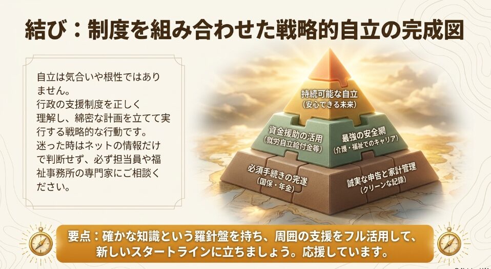資金援助の活用、福祉・介護でのキャリア構築、必須手続きの完遂、誠実な申告を組み合わせた、持続可能な戦略的自立の完成図