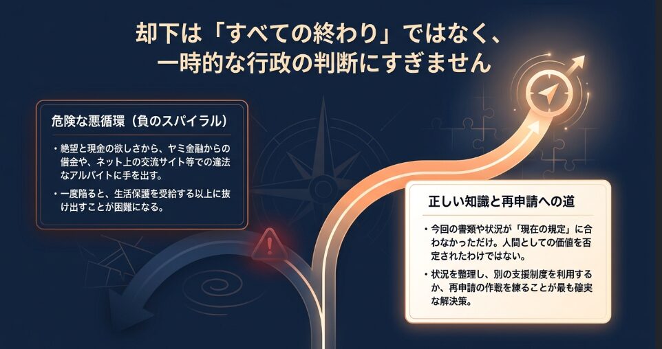 生活保護却下後に陥りやすい「負のスパイラル（ヤミ金・闇バイト）」の危険性と、正しい知識を持って再申請に挑むことの重要性を説いたスライド