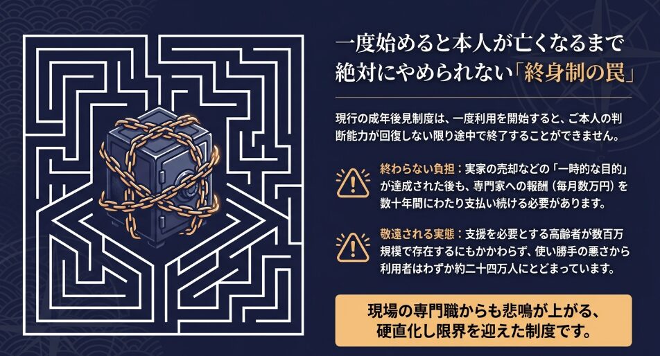 一度始めると途中で辞められない現行の成年後見制度の終身制による終わらない負担と課題