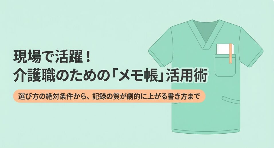 現場で活躍する介護職のためのメモ帳活用術のタイトル画像。緑色のスクラブの胸ポケットにメモ帳が入っているイラスト。