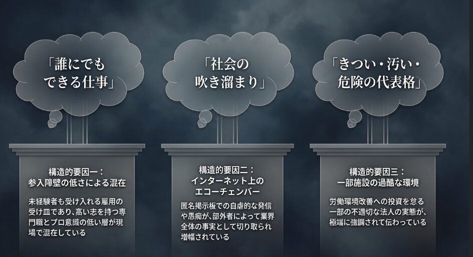 介護職が底辺と呼ばれる3つの構造的要因。1.参入障壁の低さによる混在、2.インターネット上のエコーチェンバー、3.一部施設の過酷な環境