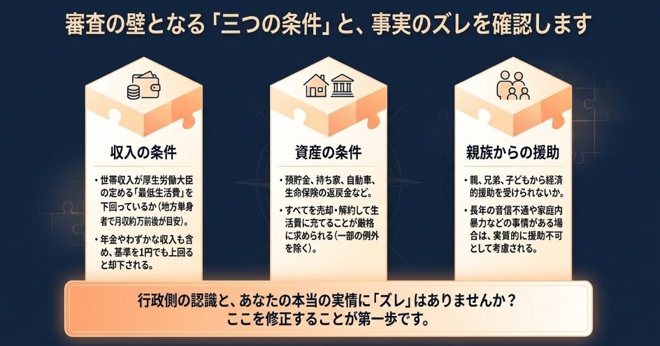 生活保護審査の壁となる「収入の条件」「資産の条件」「親族からの援助」の3つの条件と、実情とのズレを確認することの重要性を示した図解