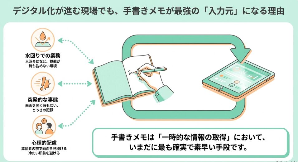手書きメモが最強の入力元になる理由。水回りでの業務、画面を開く暇もない突発的な事態、高齢者への心理的配慮などから手書きメモを取得し、タブレット等へデジタル入力する連携サイクルを図解。
