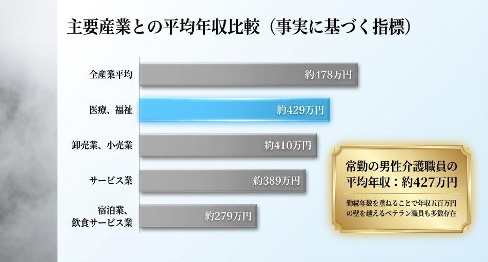 主要産業との平均年収比較。全産業平均約478万円、医療・福祉約429万円に対し、常勤の男性介護職員の平均年収は約427万円