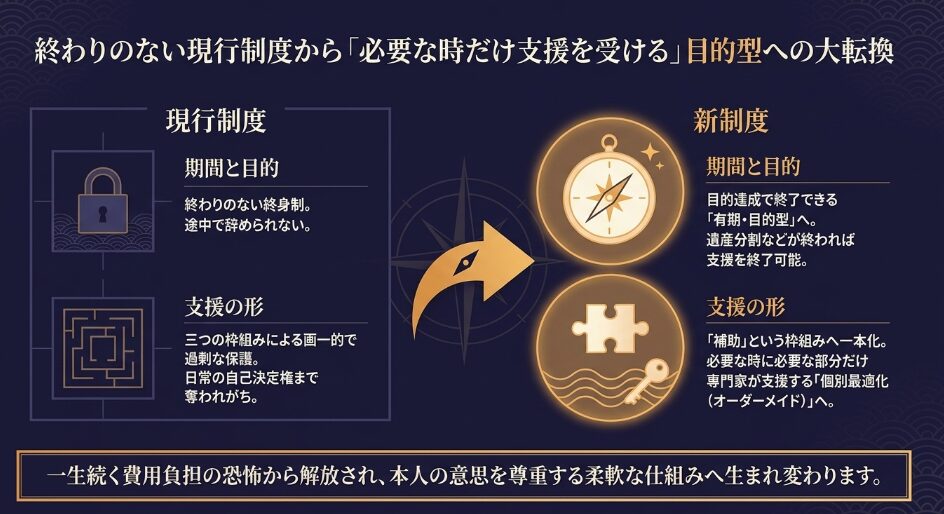 終わりのない現行制度から、目的達成で終了できる有期・目的型の新制度への大転換