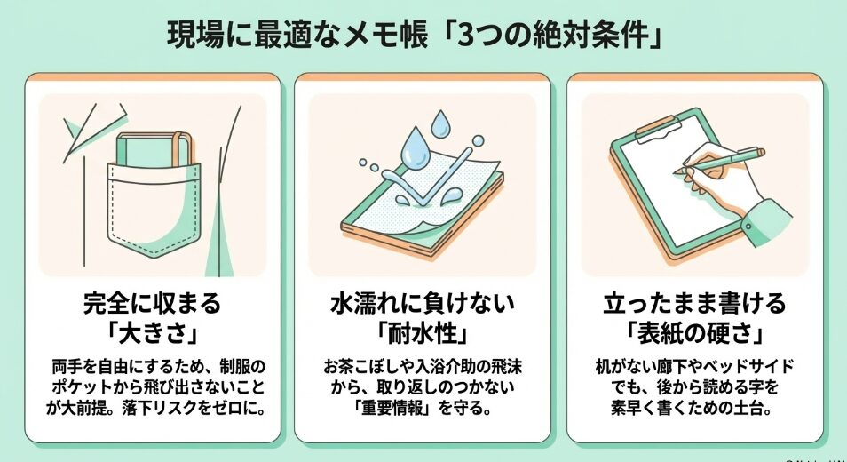 現場に最適なメモ帳の3つの絶対条件。ポケットに完全に収まる大きさ、水濡れに負けない耐水性、立ったまま書ける表紙の硬さをイラストで解説。