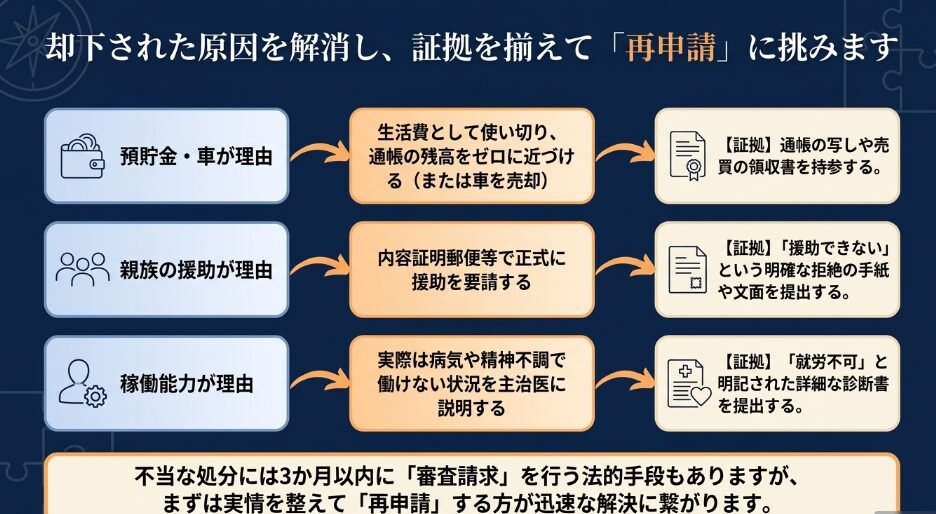 却下理由に応じた改善策と必要な証拠（通帳の写し、拒絶の手紙、診断書など）を一覧化したスライド