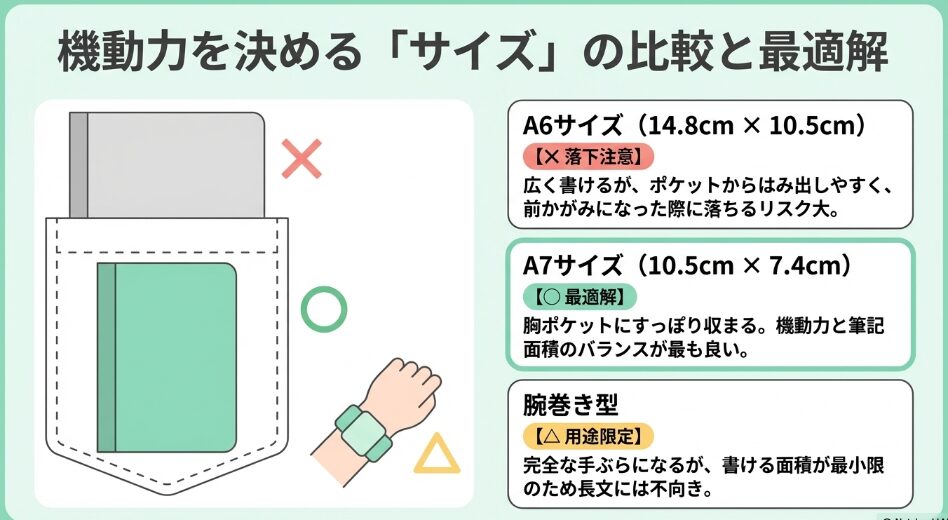 メモ帳のサイズ比較と最適解。胸ポケットから落ちやすいA6サイズ、胸ポケットにすっぽり収まりバランスが良いA7サイズ、用途が限定される腕巻き型を比較。