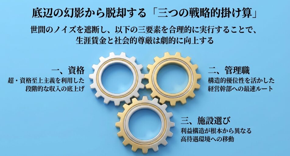 底辺の幻影から脱却する「三つの戦略的掛け算」。一、資格取得。二、管理職。三、施設選び