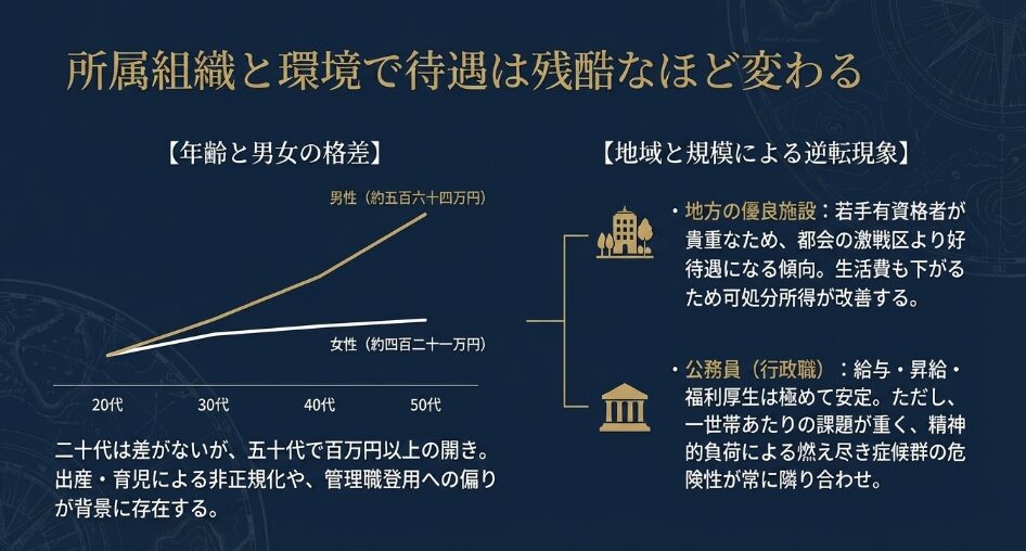 年齢と男女の給与格差、および地域と法人規模による待遇の逆転現象