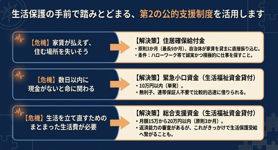 生活保護の手前で活用できる第2の公的支援制度（住居確保給付金、緊急小口資金、総合支援資金）の目的と解決策をまとめたスライド