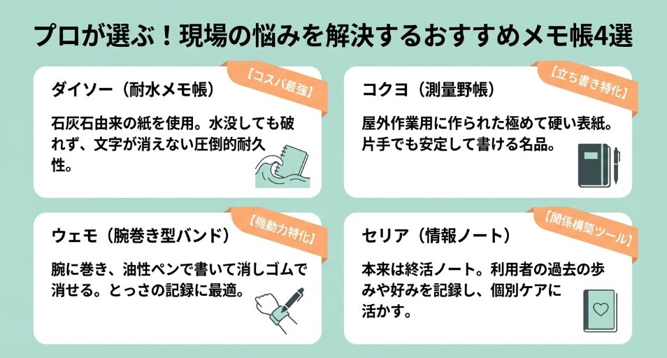 プロが選ぶ現場の悩みを解決するおすすめメモ帳4選。ダイソーの耐水メモ帳(コスパ最強)、コクヨの測量野帳(立ち書き特化)、wemoの腕巻き型バンド(機動力特化)、セリアの情報ノート(関係構築ツール)の特徴を紹介。