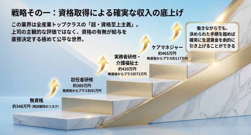 戦略その一：資格取得による確実な収入の底上げ。無資格から初任者研修、実務者研修・介護福祉士、ケアマネジャーへと段階的に給与アップ