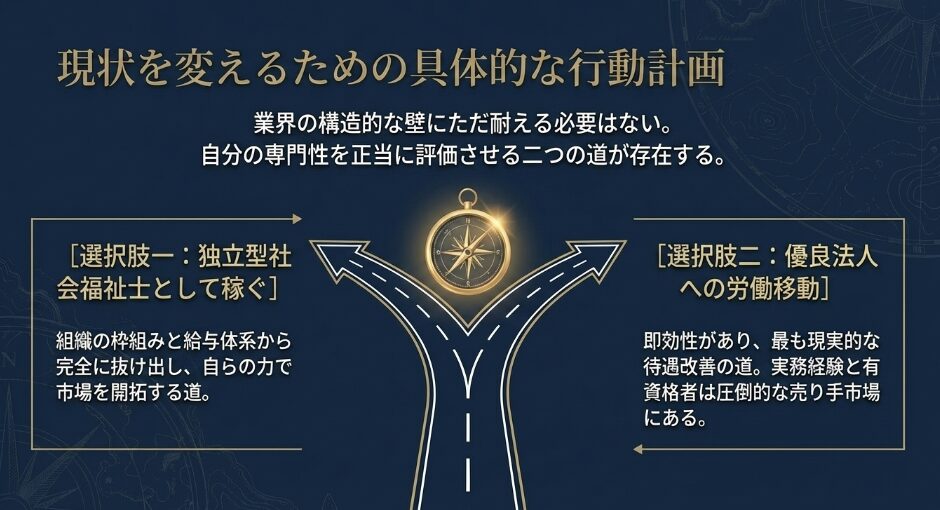 現状を変えるための具体的な行動計画：独立型社会福祉士として稼ぐ道と優良法人への労働移動