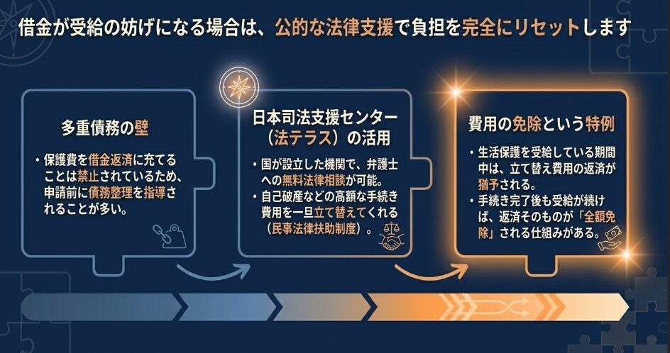 多重債務が生活保護の妨げになる場合の解決策として、法テラスの民事法律扶助制度（費用立て替え）と費用の全額免除特例について解説したスライド