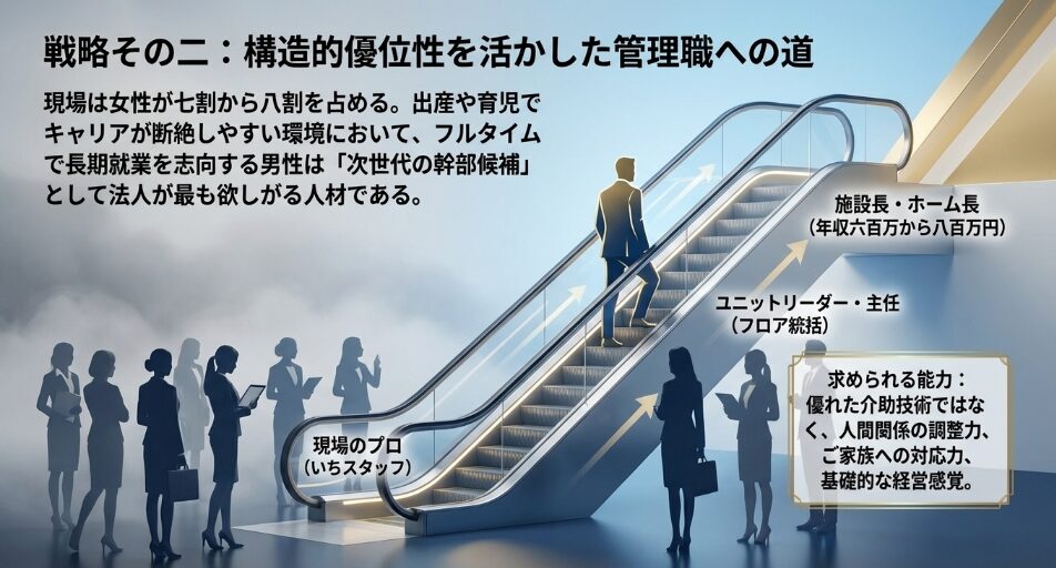 戦略その二：構造的優位性を活かした管理職への道。現場のプロからユニットリーダー、施設長・ホーム長への昇進ルート