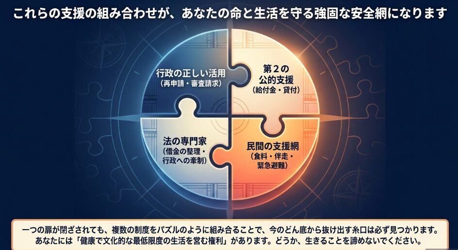 行政の正しい活用、第2の公的支援、法の専門家、民間の支援網という4つの要素を組み合わせて命と生活を守る強固な安全網を構築するイメージ図