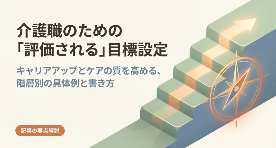 介護職のための「評価される」目標設定のタイトルスライド。キャリアアップとケアの質を高めるための階層別具体例を解説。