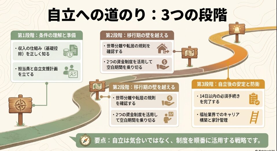 自立への道のりを「条件の理解と準備」「移行期の壁を越える」「自立後の安定と防衛」の3つの段階に分けたロードマップの全体図