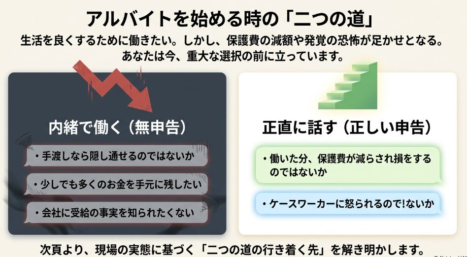 生活保護受給者がアルバイトを始める時に直面する「無申告」と「正しい申告」の二つの道