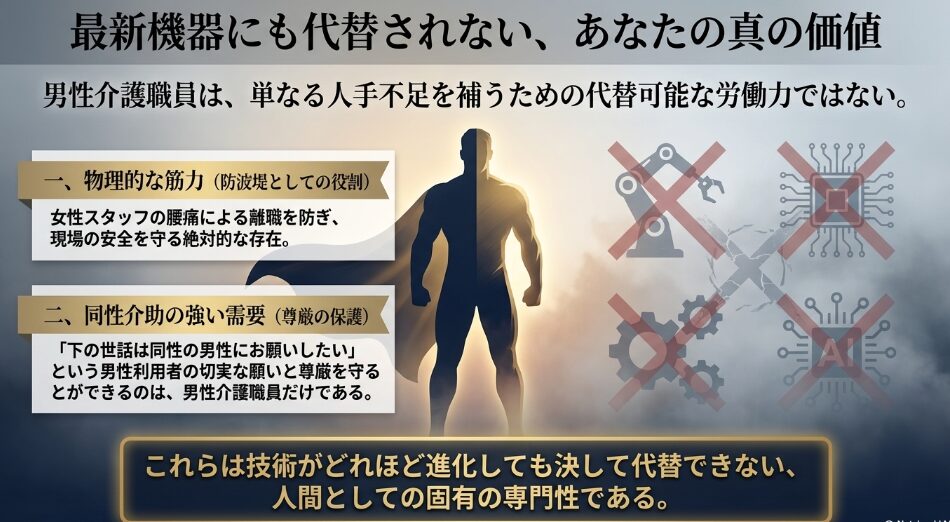 最新機器にも代替されない男性介護職員の真の価値。物理的な筋力と同性介助の強い需要