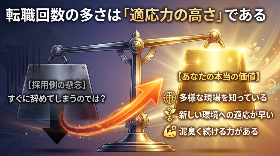 転職回数の多さは適応力の高さであることの図解。採用側の懸念とあなたの本当の価値
