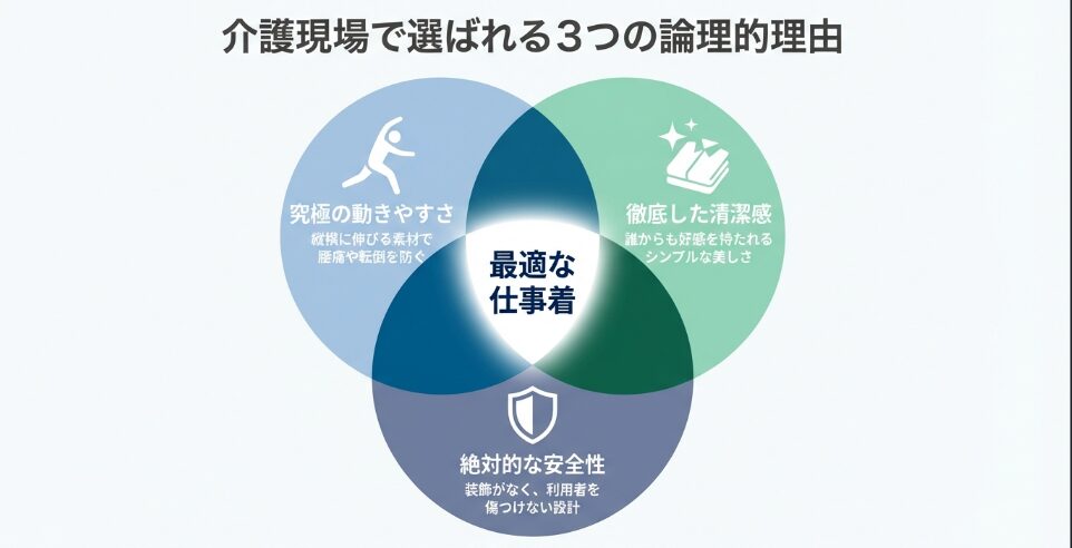 介護現場で選ばれる3つの論理的理由（動きやすさ、清潔感、安全性）