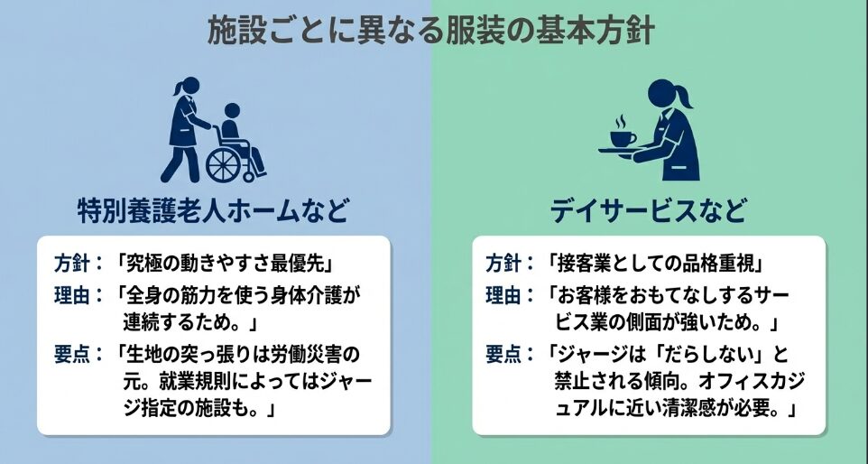 特別養護老人ホームやデイサービスなど施設ごとに異なる服装の基本方針