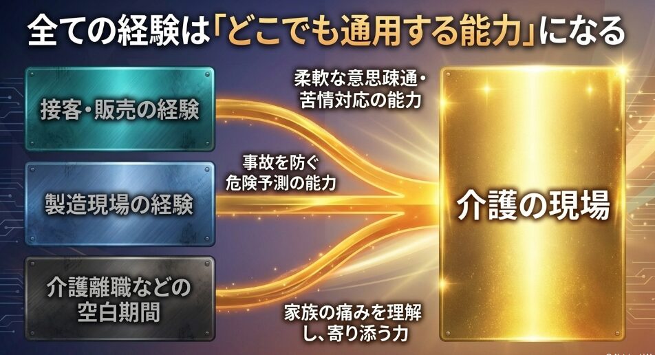 全ての経験はどこでも通用する能力になることの図解。異業種の経験が介護の現場で活きる