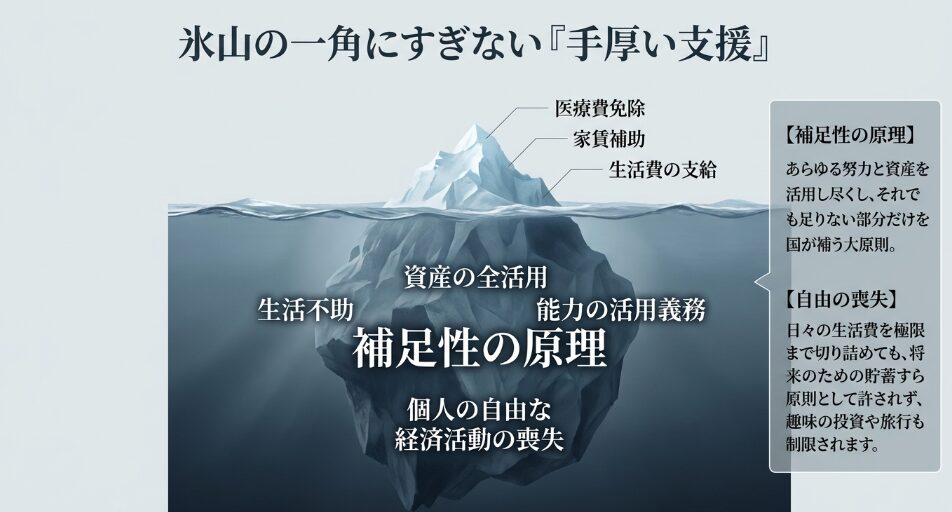 生活保護の手厚い支援を氷山の一角として描き、水面下に潜む補足性の原理や個人の自由な経済活動の喪失といった制限