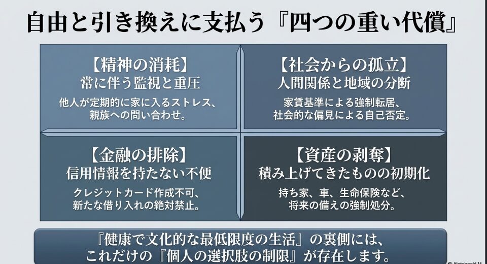 生活保護における個人の選択肢の制限として、精神の消耗、金融の排除、社会からの孤立、資産の剥奪という4つの重い代償
