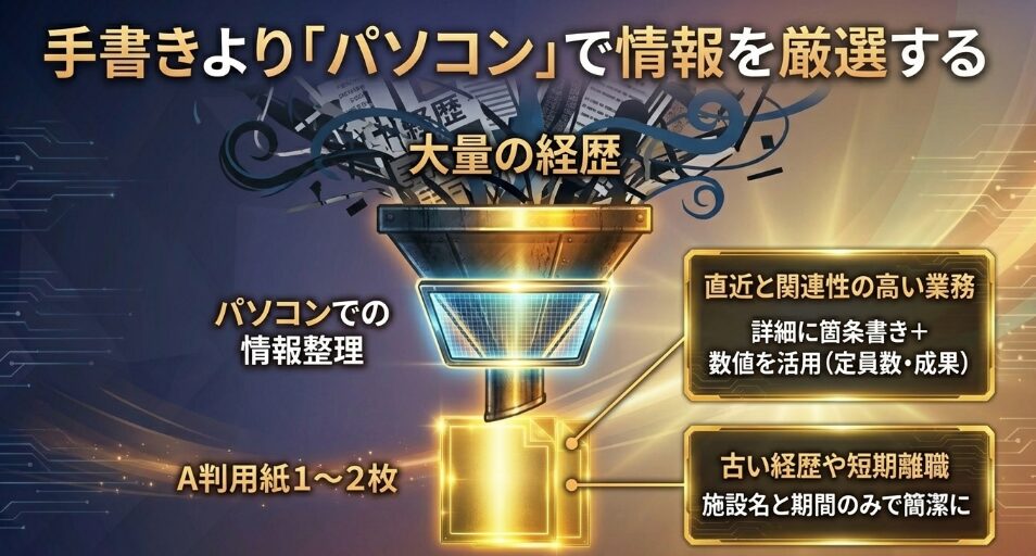 手書きよりパソコンで情報を厳選する図解。大量の経歴を整理しA判用紙にまとめるポイント