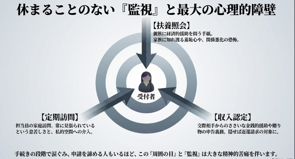 扶養照会による親族への連絡、ケースワーカーの定期訪問、収入認定の義務など、生活保護受給者が抱える監視のストレス