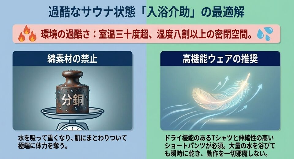 過酷なサウナ状態である入浴介助の最適解（高機能ウェアの推奨）
