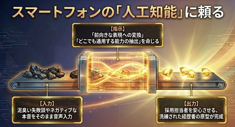 スマートフォンの人工知能に頼る図解。本音を入力し洗練された経歴書の原型を出力する