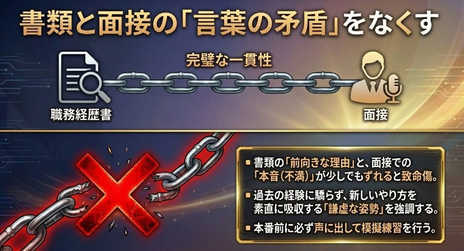 書類と面接の言葉の矛盾をなくす図解。職務経歴書と面接での完璧な一貫性