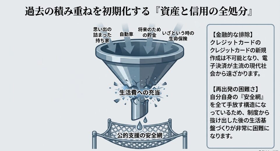 持ち家、自動車、将来のための貯金、生命保険などの資産が粉砕され、生活費として充当される公的支援の仕組み