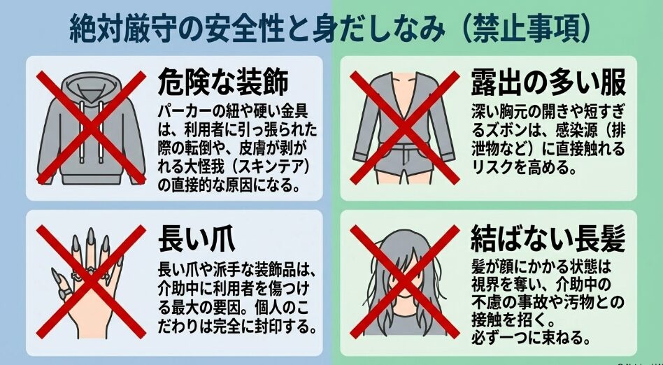 絶対厳守の安全性と身だしなみ（パーカーの紐や長い爪などの禁止事項）
