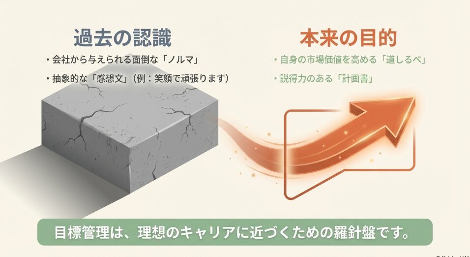 目標管理の本来の目的は自身の市場価値を高める道しるべであり、説得力のある計画書であるという解説図。